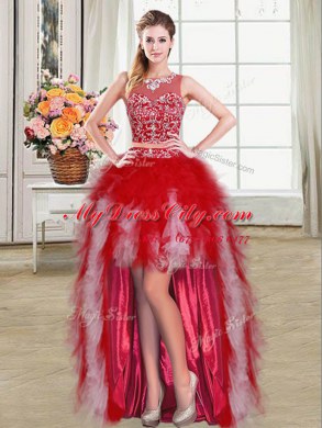 Deluxe Scoop Sleeveless High Low Beading and Ruffles Zipper Prom Dress with Red