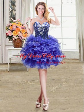 Sweetheart Sleeveless Homecoming Dress Mini Length Beading and Ruffles Blue Organza