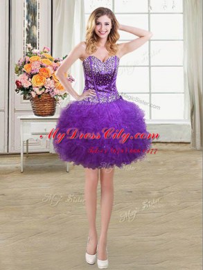 Eggplant Purple Sweetheart Neckline Beading and Ruffles Homecoming Dress Sleeveless Lace Up