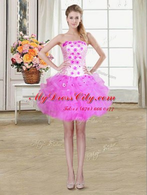 Decent Lilac Strapless Neckline Beading and Appliques and Ruffles Sleeveless Lace Up