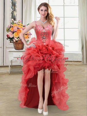 Discount Coral Red Straps Neckline Beading and Ruffles Prom Party Dress Sleeveless Lace Up