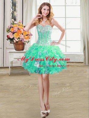Modest Sweetheart Sleeveless Organza Prom Gown Beading and Ruffles and Sequins Lace Up