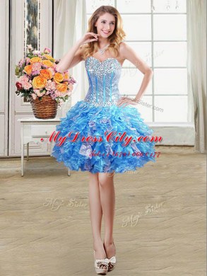 Smart Mini Length Baby Blue Homecoming Dress Organza Sleeveless Beading and Ruffles and Sequins