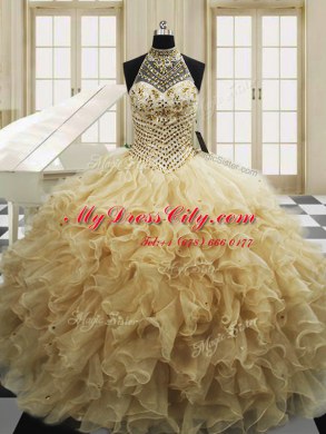 Champagne Sleeveless Sweep Train Beading and Ruffles With Train Sweet 16 Quinceanera Dress