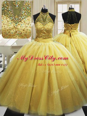 Sleeveless Sweep Train Lace Up With Train Beading Ball Gown Prom Dress