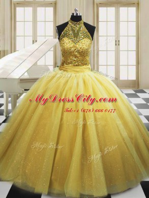 Sleeveless Sweep Train Lace Up With Train Beading Ball Gown Prom Dress