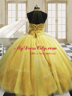 Sleeveless Sweep Train Lace Up With Train Beading Ball Gown Prom Dress