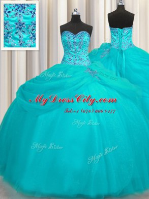Puffy Skirt Sleeveless Floor Length Beading Lace Up Vestidos de Quinceanera with Aqua Blue