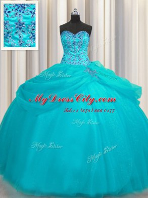 Puffy Skirt Sleeveless Floor Length Beading Lace Up Vestidos de Quinceanera with Aqua Blue