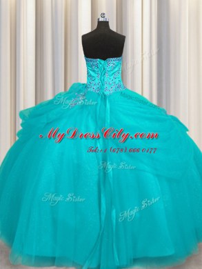 Puffy Skirt Sleeveless Floor Length Beading Lace Up Vestidos de Quinceanera with Aqua Blue