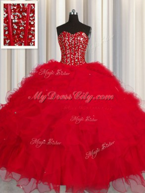 Visible Boning Red Sleeveless Tulle Lace Up Sweet 16 Quinceanera Dress for Military Ball and Sweet 16 and Quinceanera