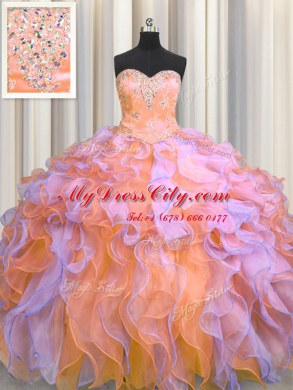 Multi-color Ball Gowns Organza Sweetheart Sleeveless Beading and Appliques and Ruffles Floor Length Lace Up 15th Birthday Dress