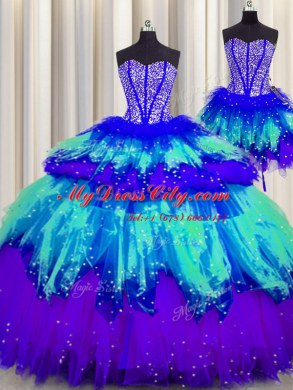 Excellent Three Piece Visible Boning Multi-color Ball Gowns Tulle Sweetheart Sleeveless Beading and Ruffles and Ruffled Layers and Sequins Floor Length Lace Up Quinceanera Dress