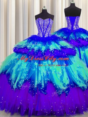 Excellent Three Piece Visible Boning Multi-color Ball Gowns Tulle Sweetheart Sleeveless Beading and Ruffles and Ruffled Layers and Sequins Floor Length Lace Up Quinceanera Dress