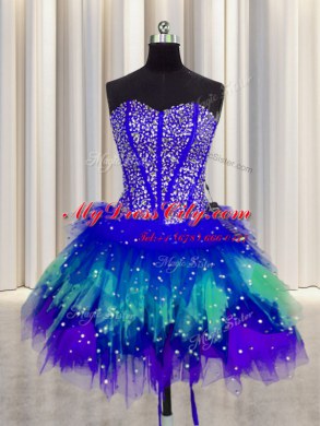 Excellent Three Piece Visible Boning Multi-color Ball Gowns Tulle Sweetheart Sleeveless Beading and Ruffles and Ruffled Layers and Sequins Floor Length Lace Up Quinceanera Dress