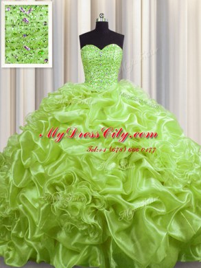 Cute Yellow Green Ball Gowns Sweetheart Sleeveless Organza With Train Court Train Lace Up Beading and Pick Ups Sweet 16 Dress