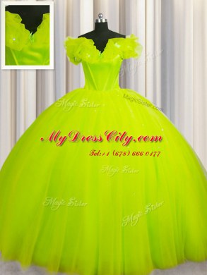 Deluxe Off The Shoulder Yellow Green Short Sleeves With Train Ruching Lace Up Vestidos de Quinceanera
