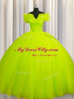Deluxe Off The Shoulder Yellow Green Short Sleeves With Train Ruching Lace Up Vestidos de Quinceanera