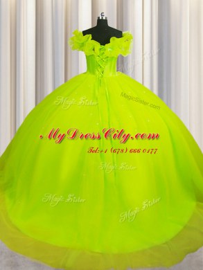 Deluxe Off The Shoulder Yellow Green Short Sleeves With Train Ruching Lace Up Vestidos de Quinceanera