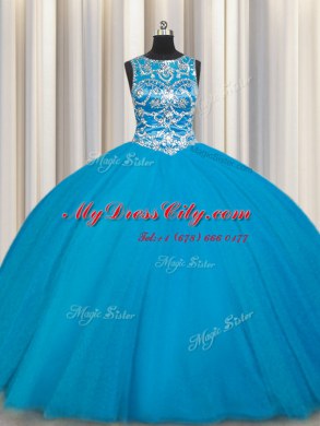 Traditional Scoop Sleeveless Sweet 16 Quinceanera Dress Floor Length Beading Teal Tulle