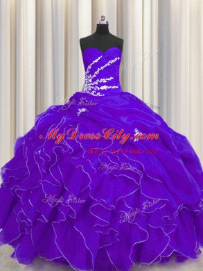 Ideal Sleeveless Floor Length Beading and Appliques and Ruffles Lace Up 15 Quinceanera Dress with Purple