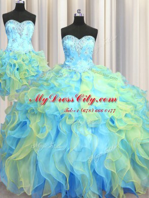 Three Piece Sweetheart Sleeveless Organza 15 Quinceanera Dress Beading and Appliques and Ruffles Lace Up