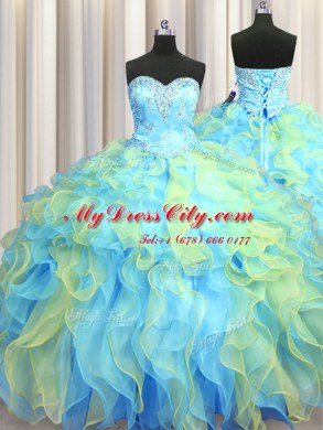 Three Piece Sweetheart Sleeveless Organza 15 Quinceanera Dress Beading and Appliques and Ruffles Lace Up