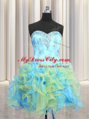 Three Piece Sweetheart Sleeveless Organza 15 Quinceanera Dress Beading and Appliques and Ruffles Lace Up