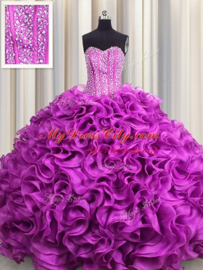 Visible Boning Fuchsia Sweetheart Neckline Beading and Ruffles Quinceanera Dresses Sleeveless Lace Up