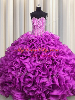 Visible Boning Fuchsia Sweetheart Neckline Beading and Ruffles Quinceanera Dresses Sleeveless Lace Up