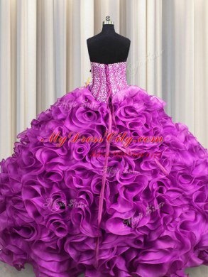 Visible Boning Fuchsia Sweetheart Neckline Beading and Ruffles Quinceanera Dresses Sleeveless Lace Up