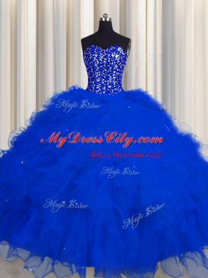 Elegant Visible Boning Sleeveless Lace Up Floor Length Beading and Ruffles and Sequins Ball Gown Prom Dress