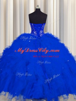 Elegant Visible Boning Sleeveless Lace Up Floor Length Beading and Ruffles and Sequins Ball Gown Prom Dress