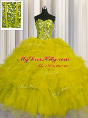 Visible Boning Floor Length Yellow Quinceanera Dress Tulle Sleeveless Beading and Ruffles and Sequins