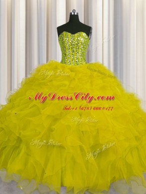 Visible Boning Floor Length Yellow Quinceanera Dress Tulle Sleeveless Beading and Ruffles and Sequins