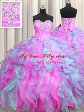 Multi-color Organza Lace Up Sweetheart Sleeveless Floor Length Quinceanera Dresses Beading and Appliques and Ruffles