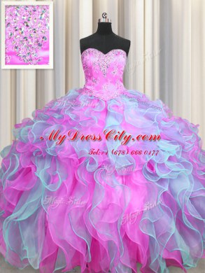 Multi-color Organza Lace Up Sweetheart Sleeveless Floor Length Quinceanera Dresses Beading and Appliques and Ruffles