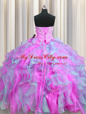 Multi-color Organza Lace Up Sweetheart Sleeveless Floor Length Quinceanera Dresses Beading and Appliques and Ruffles