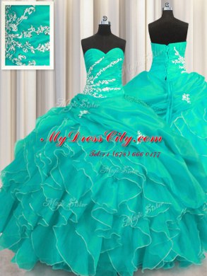Sleeveless Beading and Appliques and Ruffles Lace Up Quince Ball Gowns