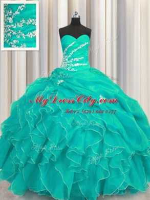 Sleeveless Beading and Appliques and Ruffles Lace Up Quince Ball Gowns