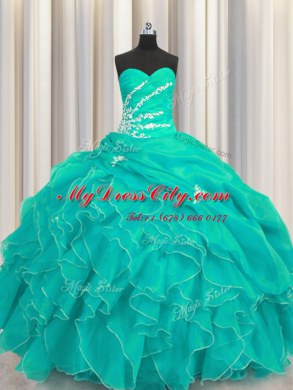 Sleeveless Beading and Appliques and Ruffles Lace Up Quince Ball Gowns