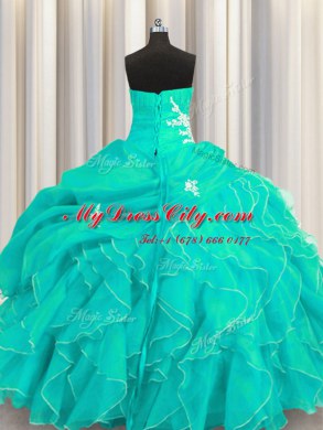 Sleeveless Beading and Appliques and Ruffles Lace Up Quince Ball Gowns