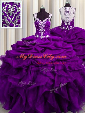Flare See Through Back Floor Length Purple Quince Ball Gowns Organza Sleeveless Beading and Ruffles and Sequins and Pick Ups