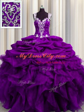 Flare See Through Back Floor Length Purple Quince Ball Gowns Organza Sleeveless Beading and Ruffles and Sequins and Pick Ups