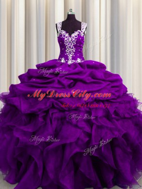 Flare See Through Back Floor Length Purple Quince Ball Gowns Organza Sleeveless Beading and Ruffles and Sequins and Pick Ups