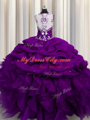 Flare See Through Back Floor Length Purple Quince Ball Gowns Organza Sleeveless Beading and Ruffles and Sequins and Pick Ups