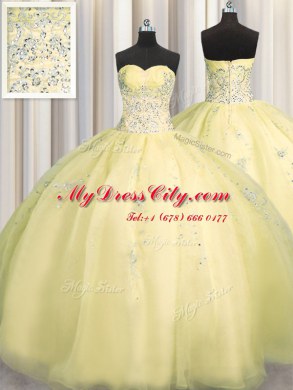 Really Puffy Light Yellow Ball Gowns Sweetheart Sleeveless Organza Floor Length Zipper Beading and Appliques 15 Quinceanera Dress