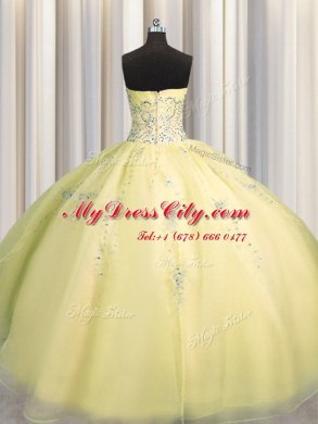 Really Puffy Light Yellow Ball Gowns Sweetheart Sleeveless Organza Floor Length Zipper Beading and Appliques 15 Quinceanera Dress
