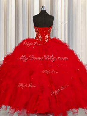 Pretty Visible Boning Red Sweetheart Neckline Beading and Ruffles and Sequins Quinceanera Gown Sleeveless Lace Up