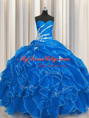 Sleeveless Floor Length Beading and Appliques and Ruffles Lace Up Quinceanera Dress with Blue